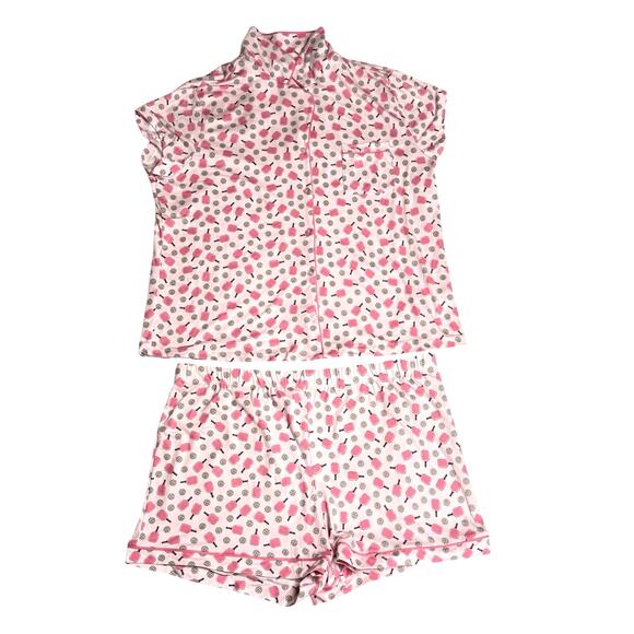 Isaac Mizrahi Pink Pickle Ball Two Piece Shorts Short Sleeve Top Pajama Set - Picture 1 of 9
